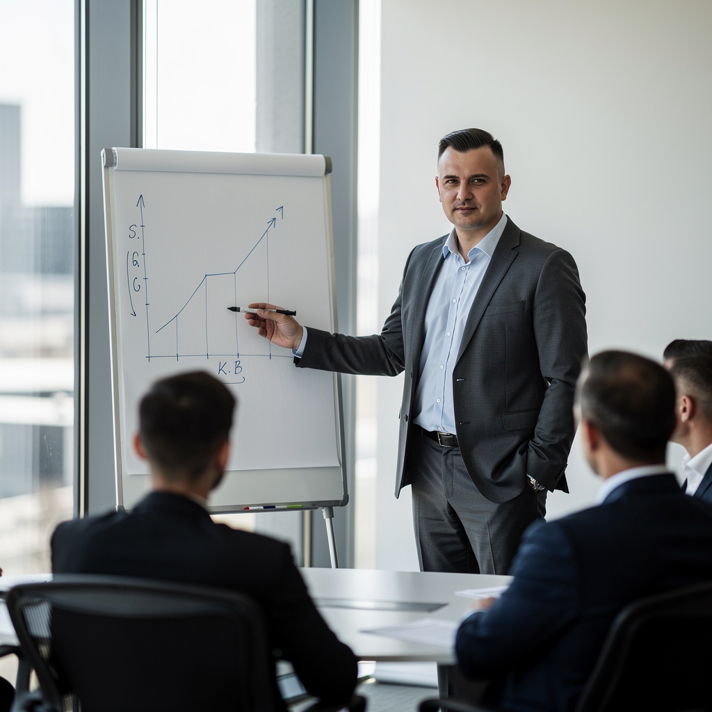 Pewny siebie menedżer prezentujący wyniki na spotkaniu zarządu